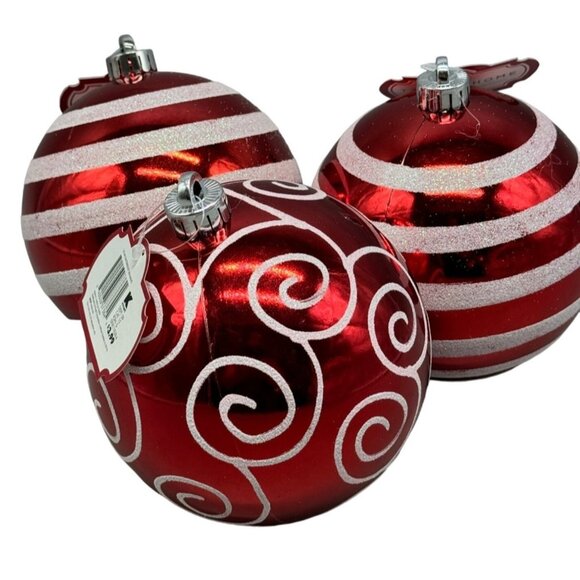trim a home set of 3 bulbs ornaments red embellished strips swirls 5" READ NEW - Picture 1 of 6
